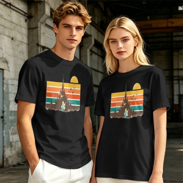 Olive T-Shirt With Retro Sunset Fantasy Castle Graphic