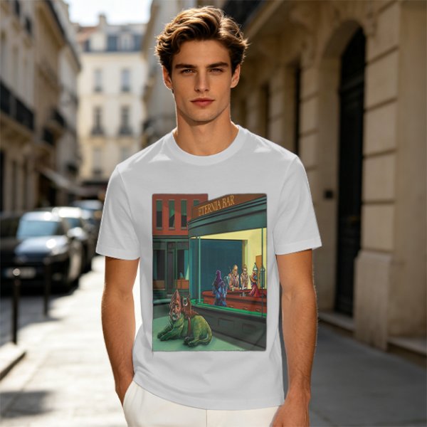 Olive T-Shirt With Surreal Bar Scene Graphic Print