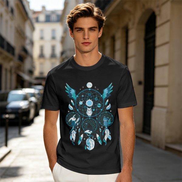 Olive T-Shirt With Celestial Dreamcatcher And Animal Artwork