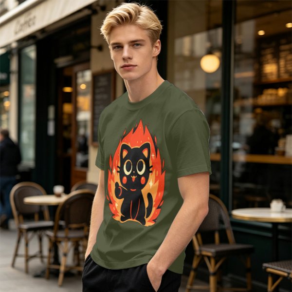 Olive T-Shirt With Cute Black Cat Thumbs Up On Flames Graphic