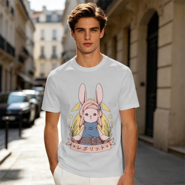 Olive T-shirt with Cute Rabbit Character and Japanese Text Print