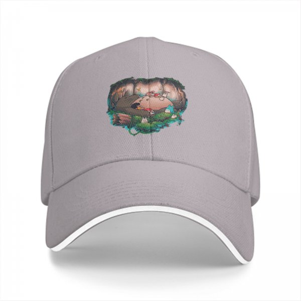 Black baseball cap with forest spirit creature graphic print