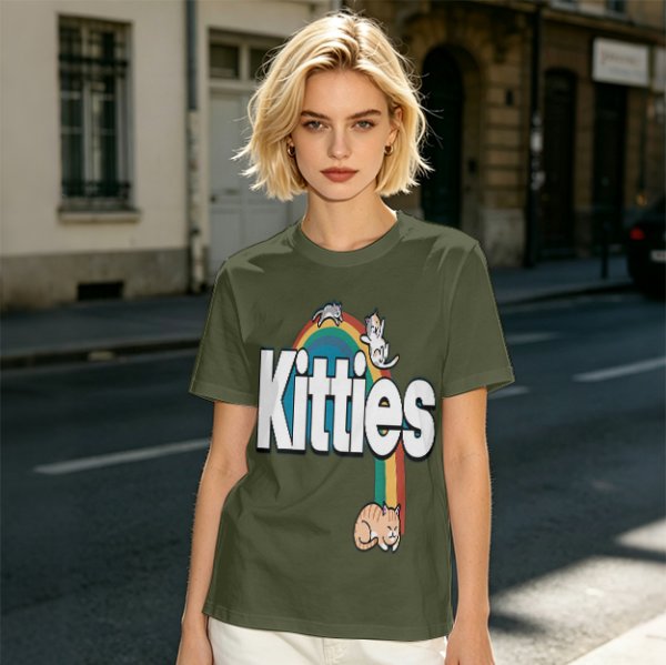 Olive Green T-Shirt With Kitties Rainbow Graphic Design