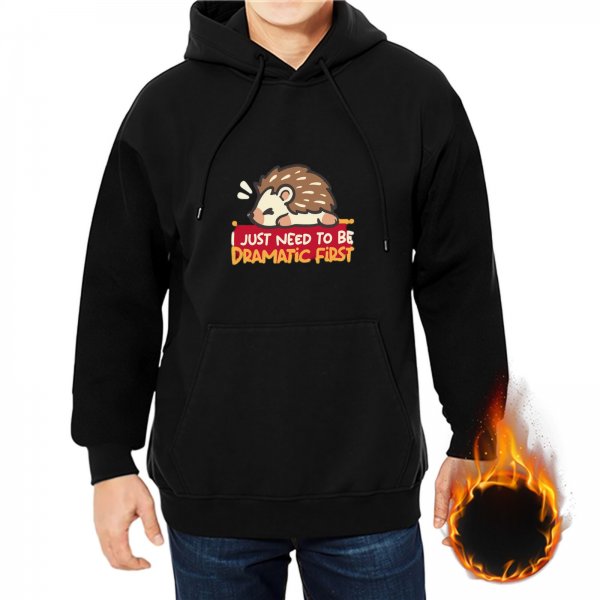 Black hoodie with dramatic hedgehog graphic and funny text