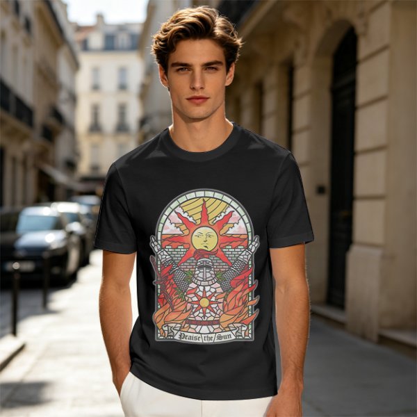 Olive T-Shirt With Stained Glass Style Praise The Sun Knight Print