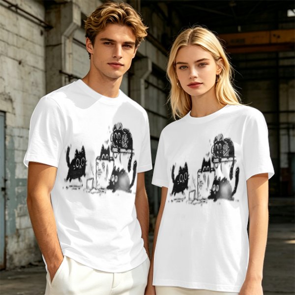 Olive Green T-Shirt With Playful Black Cat Graphic Print
