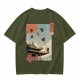 Olive T-Shirt with Ukiyo-e Style Ninja Temple Print