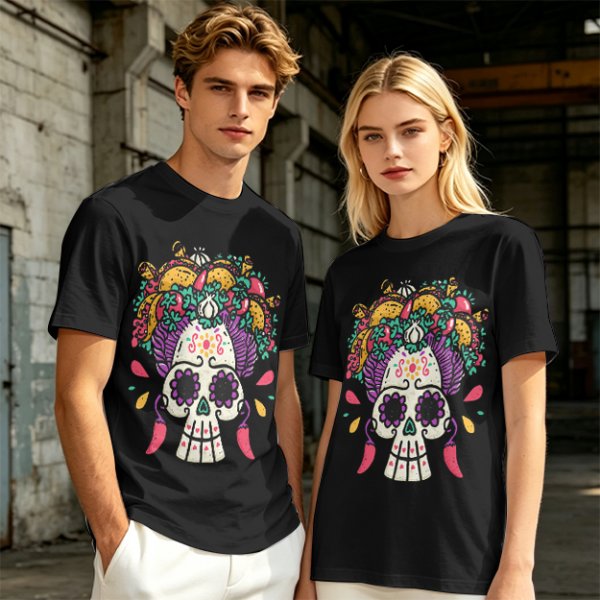 Olive T-Shirt with Day of the Dead Sugar Skull and Taco Food Art