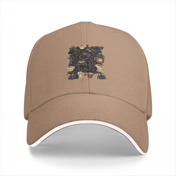 Black Baseball Cap With Cute Cats And Coffee Themed Print