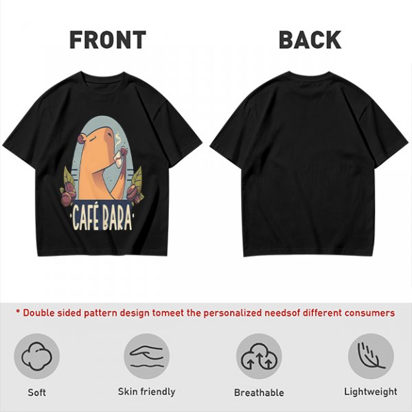 Olive t-shirt with capybara drinking coffee graphic