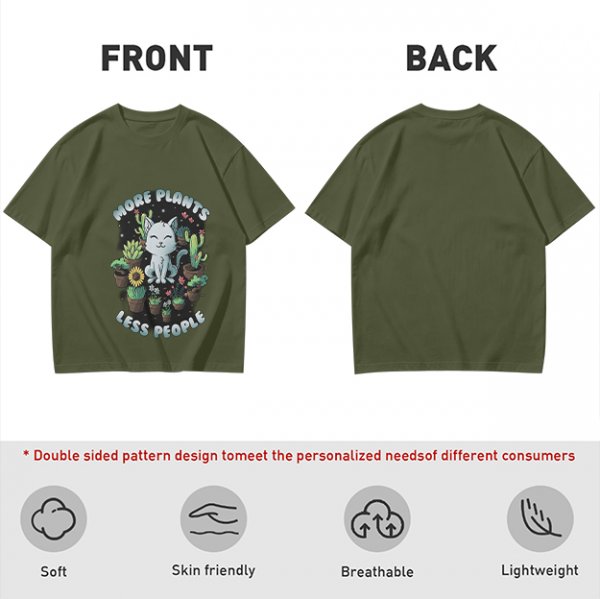 Olive T-shirt with 'More Plants Less People' Cat and Succulent Print