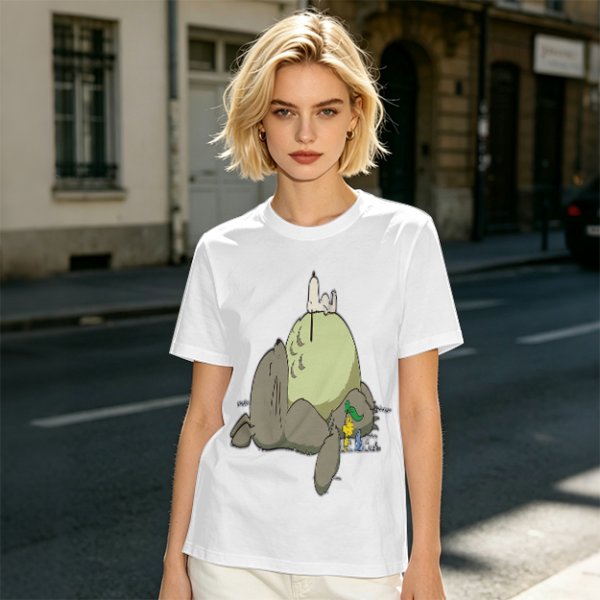Olive T-shirt with whimsical forest spirit and small animal graphic print