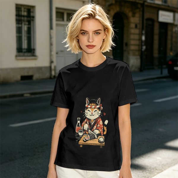 Olive T-Shirt Featuring a Cute Cat Sushi Chef Illustration