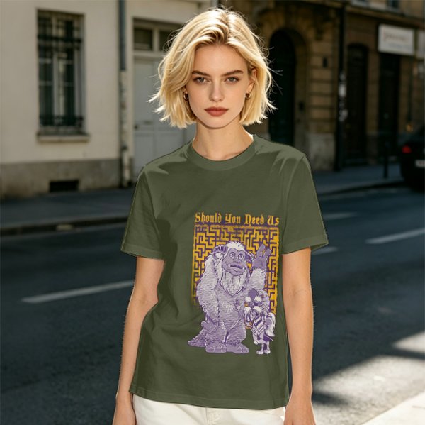Olive graphic tee with maze and fantasy creatures reading Should You Need Us