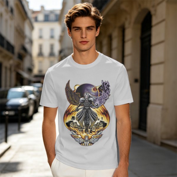 Olive T-shirt with dark fantasy winged warrior graphic print