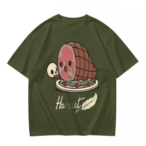 Olive T-Shirt With Funny Hamlet Ham And Skull Graphic Print