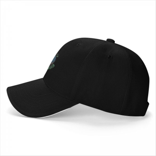 Black baseball cap with flat earth 'around the world' graphic print