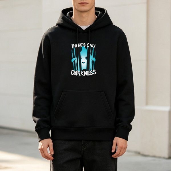Black hoodie with 'There's Only Darkness' and cute ghost graphic