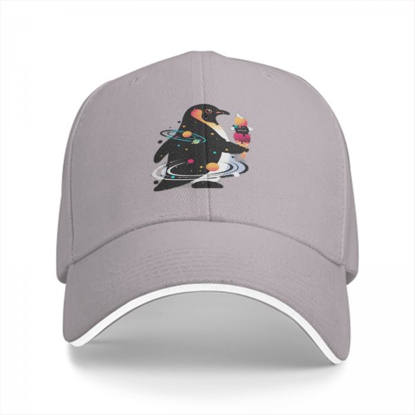 Black Baseball Cap With Cosmic Penguin Holding Ice Cream Print