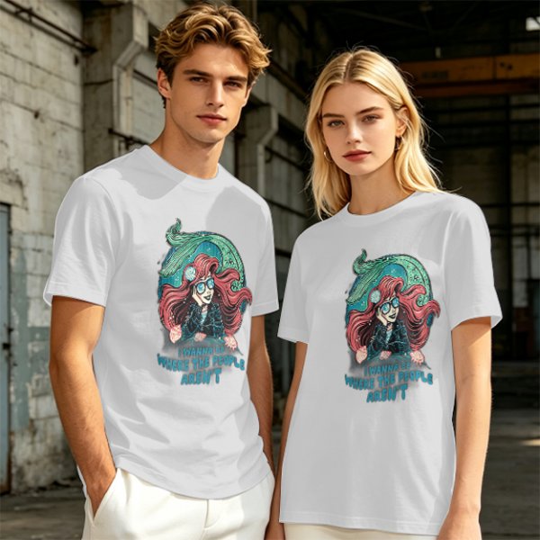 Olive t-shirt with modern mermaid graphic and 'I wanna be where the people aren't' text