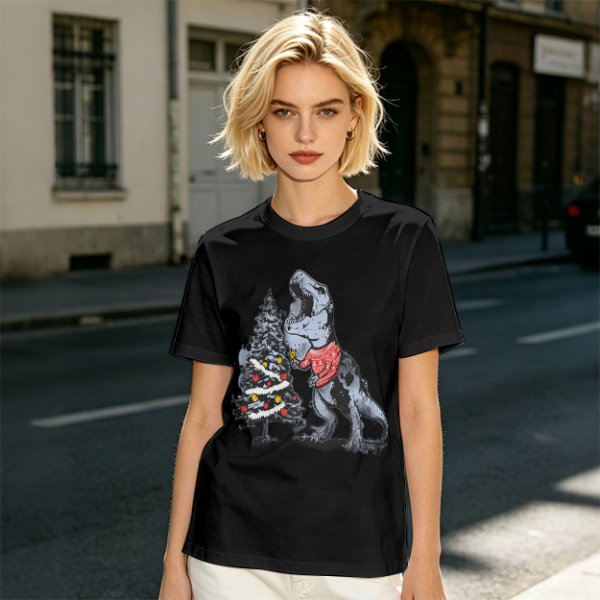 Olive T-shirt with T-Rex in Christmas sweater decorating a tree