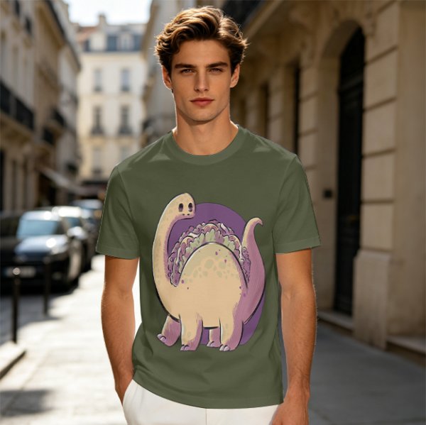 Olive T-Shirt with Cute Brontosaurus Taco Dinosaur Graphic