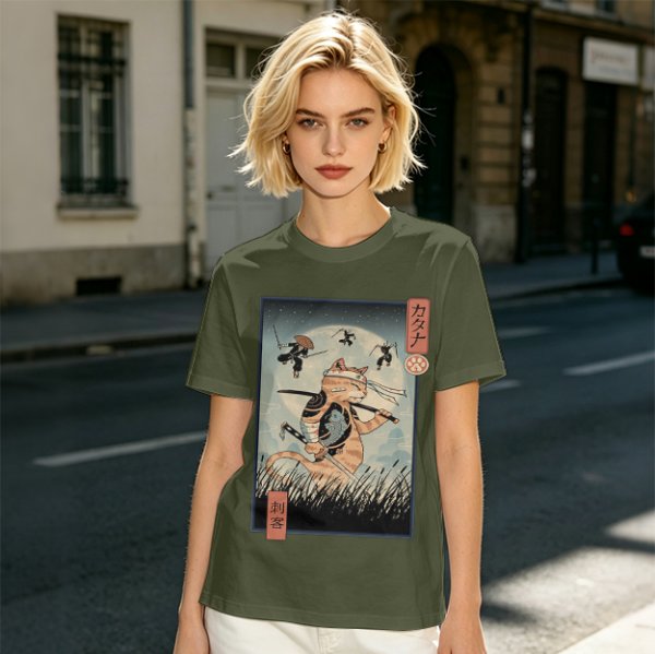 Samurai Cat Fighting Ninjas Ukiyo-e Style Graphic T-Shirt