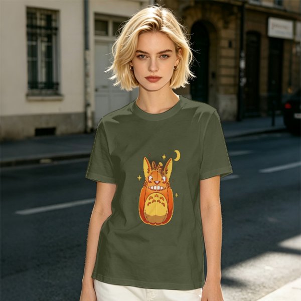 Olive T-Shirt With Cute Pumpkin Creature And Moon Star Print