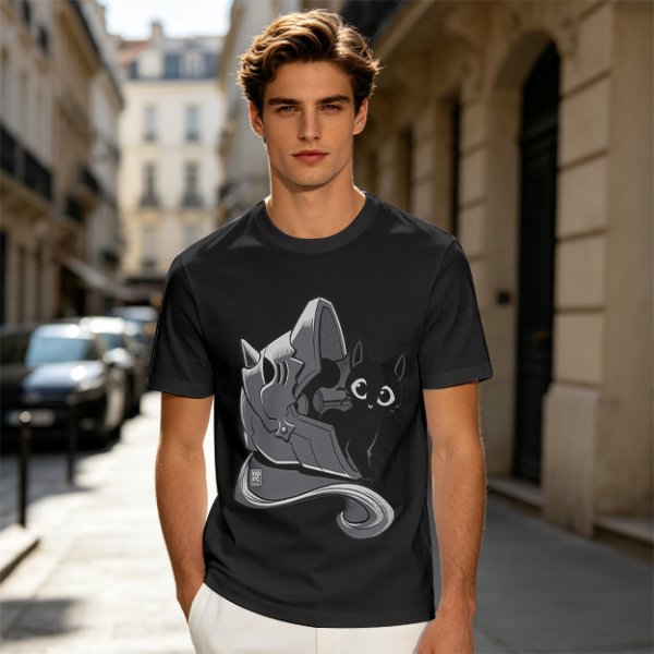 Olive Green T-Shirt With Black Cat Peeking From Knight Helmet Art