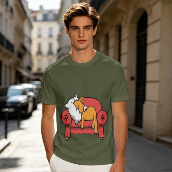 Olive green t-shirt with a sleeping orange cat on a red armchair print
