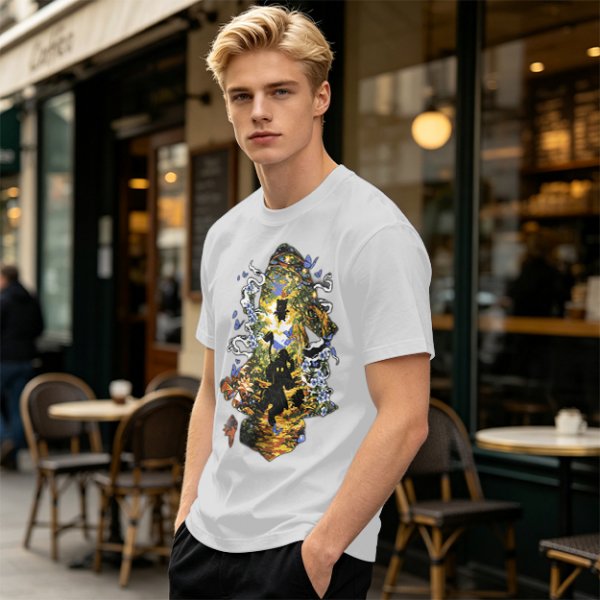 Olive Green T-Shirt With Mystical Cat Silhouette Graphic Print