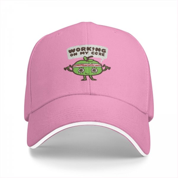 Black baseball cap with 'Working On My Core' fitness apple graphic