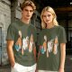 Olive T-Shirt With Playful Orange Cat Illustrations