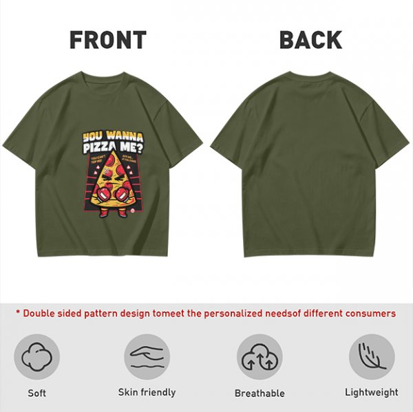 Olive t-shirt with angry boxing pizza slice graphic and 'You Wanna Pizza Me?' text