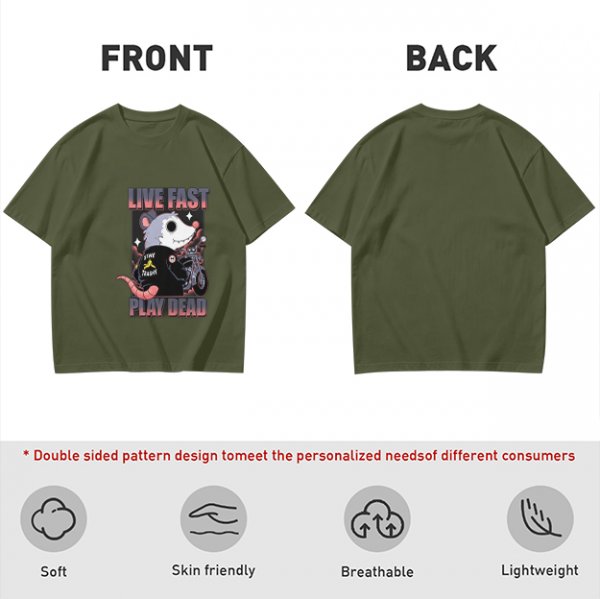 Olive t-shirt with live fast play dead opossum biker graphic