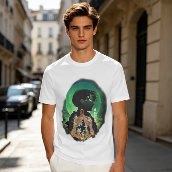 Attack on Titan layered silhouette graphic olive t-shirt