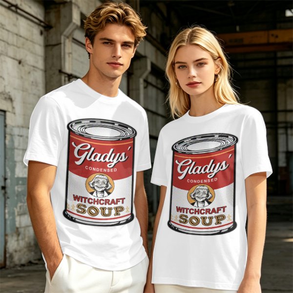 Olive T-Shirt With Gladys' Witchcraft Soup Can Graphic