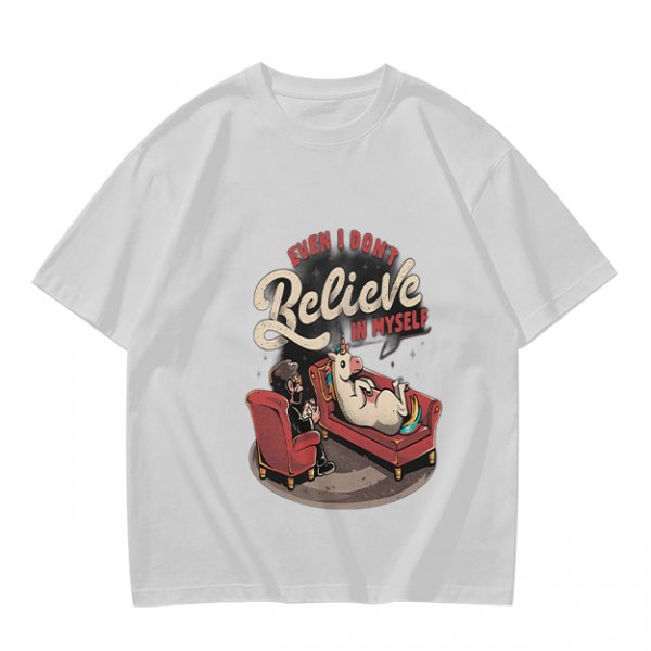 Olive graphic t-shirt with unicorn therapy and 'Even I Don't Believe In Myself' text