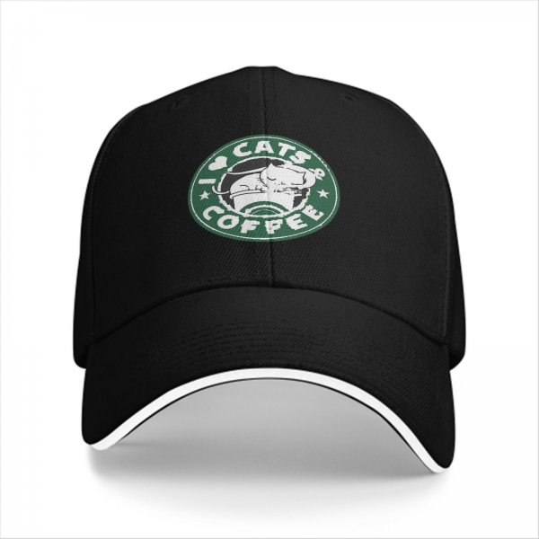 Black baseball cap with I Love Cats & Coffee graphic print