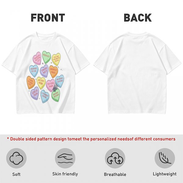 Olive T-shirt with Princess Bride themed conversation heart candies