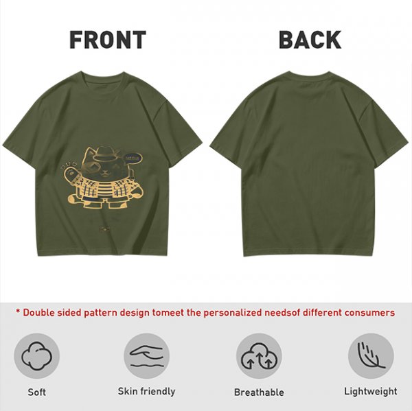 Olive Green T-Shirt With Stylish Cat Graphic Print