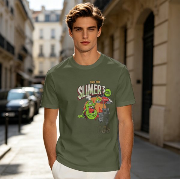 Olive green t-shirt with Slimer's Ghostbusters themed graphic print