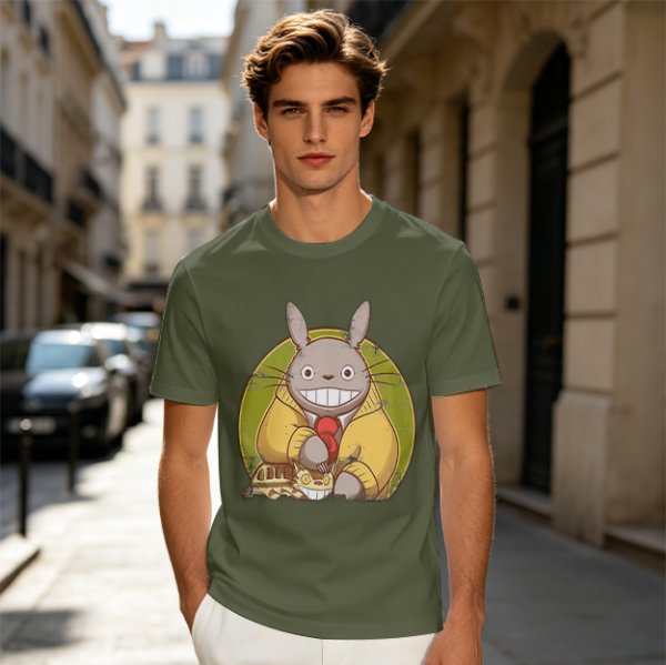 Totoro in Yellow Cardigan with Catbus Graphic T-Shirt