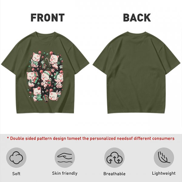 Olive Green T-Shirt With Cute Christmas Kittens And Holiday Gifts Print