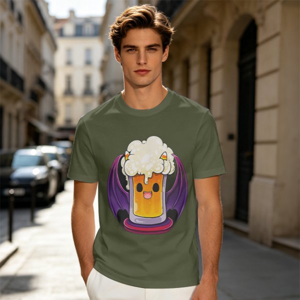 Halloween vampire beer graphic olive green casual t-shirt