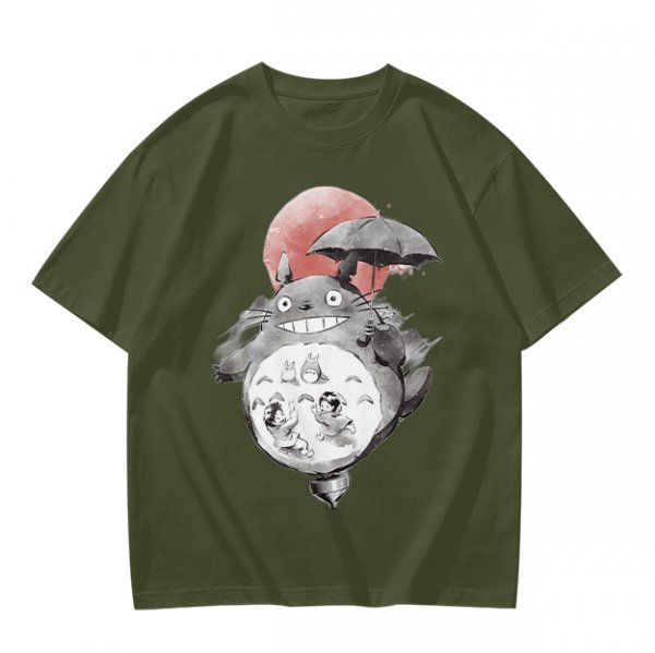 Olive T-shirt with Totoro and Friends Watercolor Print