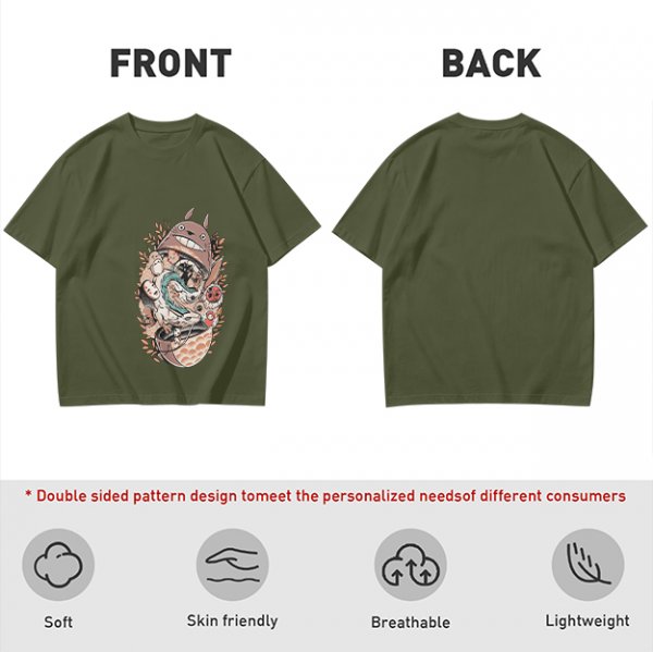 Olive Green T-Shirt with Studio Ghibli Character Collage Print