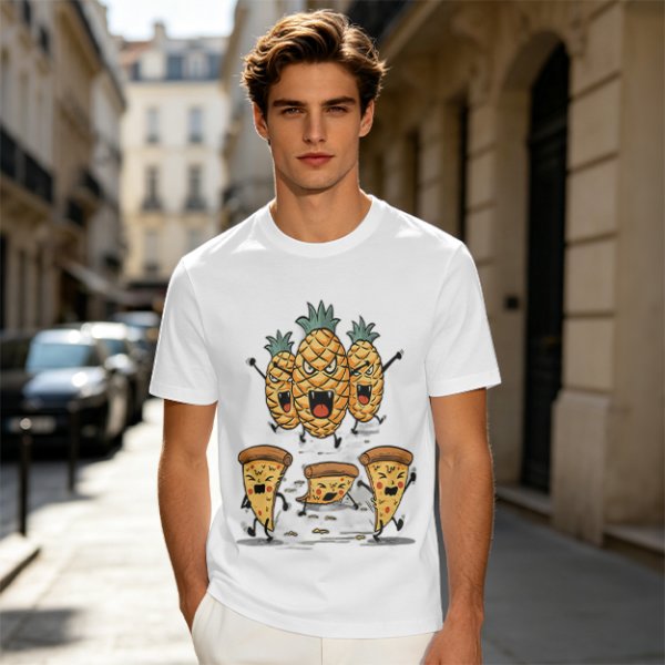 Olive T-Shirt With Angry Pineapple And Pizza Slice Cartoon Print