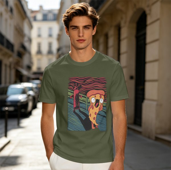 Olive T-Shirt With Funny Pizza Slice Scream Art Print