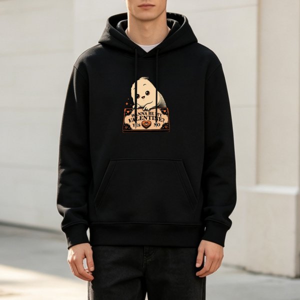 Black hoodie with cute ghost asking 'Wanna Be My Valentine?'